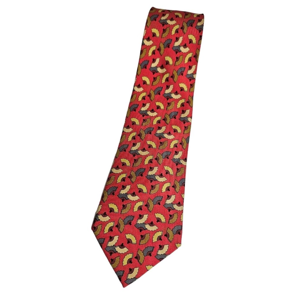 Herms 7237 Ma Silk Tie France Red Japanese Fan W:3.5" Euc